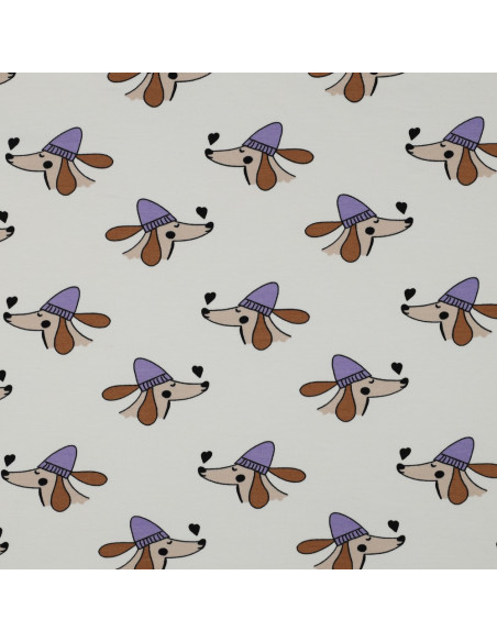 Tecido moletom de cachorro e corações - Branco sujo