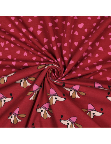 Tecido moletom vermelho - Corações rosa