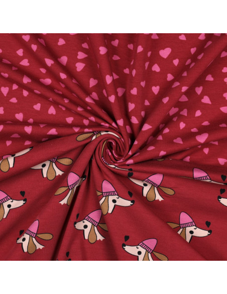 Tecido moletom vermelho - Corações rosa