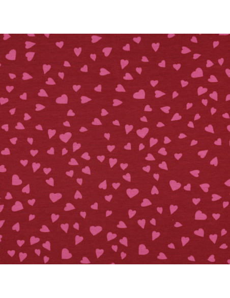 Tecido moletom vermelho - Corações rosa