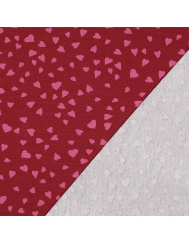 Tecido moletom vermelho - Corações rosa