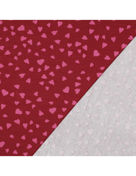 Tecido moletom vermelho - Corações rosa