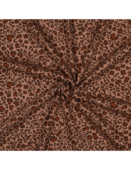 Tecido jersey de algodão malha canelada - Leopardo bege
