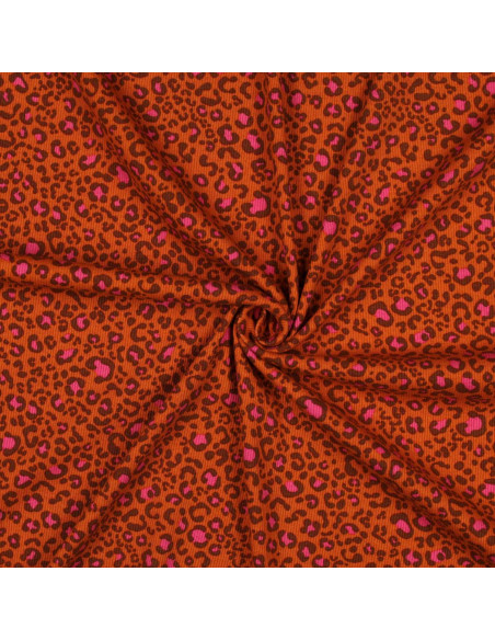 Tecido jersey de algodão malha canelada - Leopardo laranja