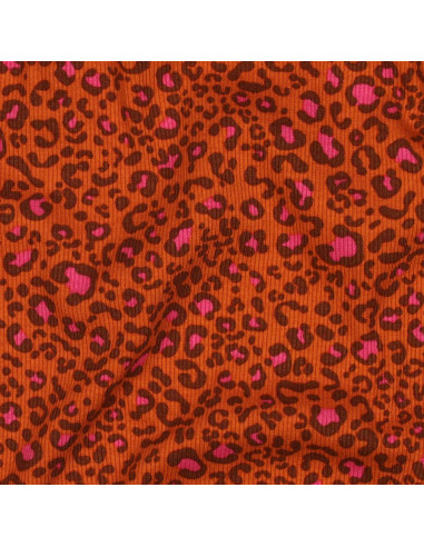 Tecido jersey de algodão malha canelada - Leopardo laranja