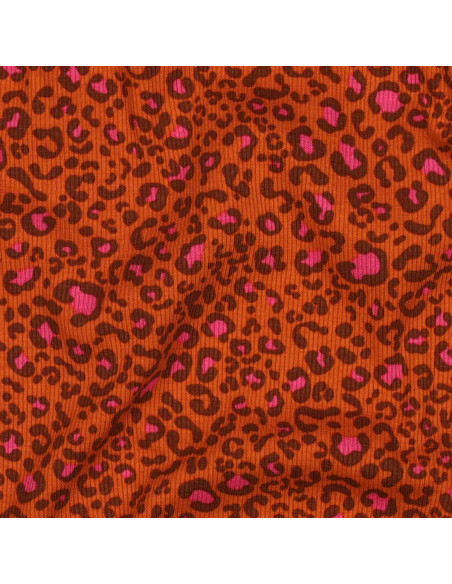 Tecido jersey de algodão malha canelada - Leopardo laranja