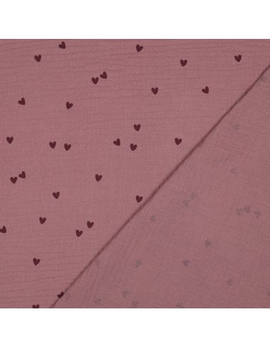 Tecido gaze dupla estampado - Corações rosa sobre fundo rosa velho escuro