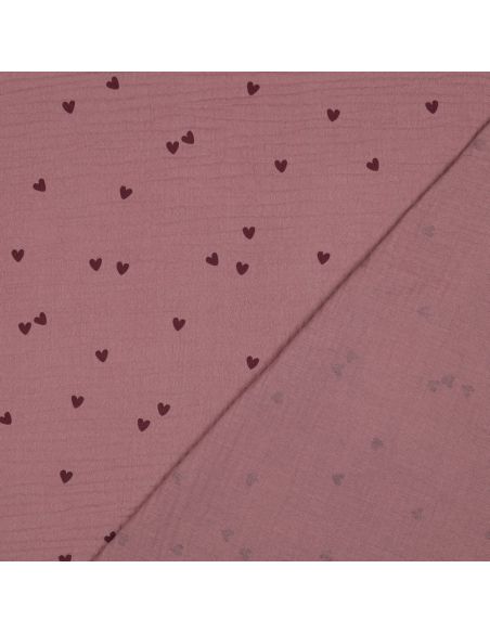 Tecido gaze dupla estampado - Corações rosa sobre fundo rosa velho escuro