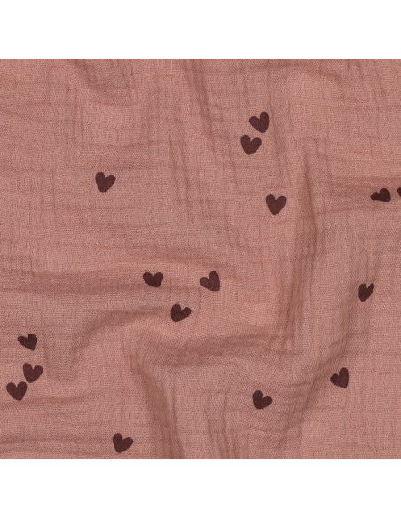 Tecido gaze dupla estampado - Coração mocha sobre fundo marrom