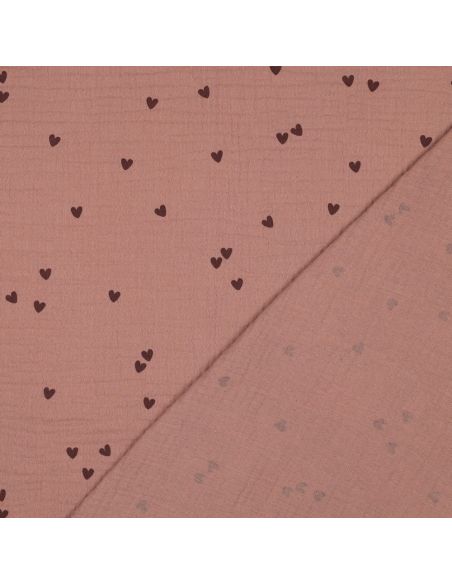 Tecido gaze dupla estampado - Coração mocha sobre fundo marrom
