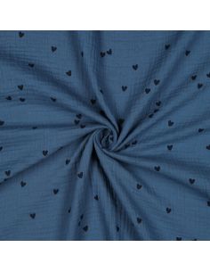 Tecido gaze dupla estampado - Coração preto sobre fundo azul