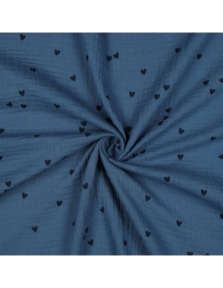Tecido gaze dupla estampado - Coração preto sobre fundo azul