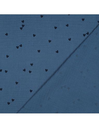 Tecido gaze dupla estampado - Coração preto sobre fundo azul