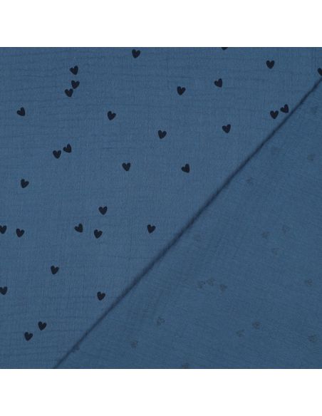 Tecido gaze dupla estampado - Coração preto sobre fundo azul
