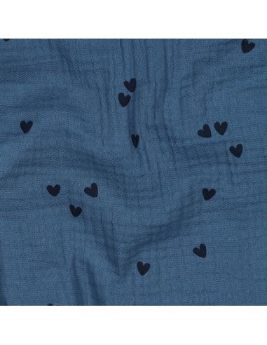 Tecido gaze dupla estampado - Coração preto sobre fundo azul