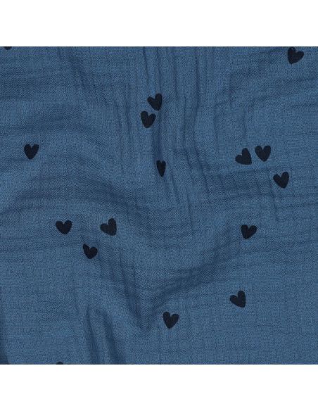 Tecido gaze dupla estampado - Coração preto sobre fundo azul