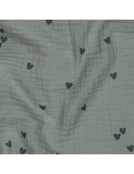 Tecido de gaze dupla estampado - Coração verde escuro sobre fundo verde