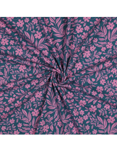 Tecido jersey flores - Rosa sobre fundo azul petróleo