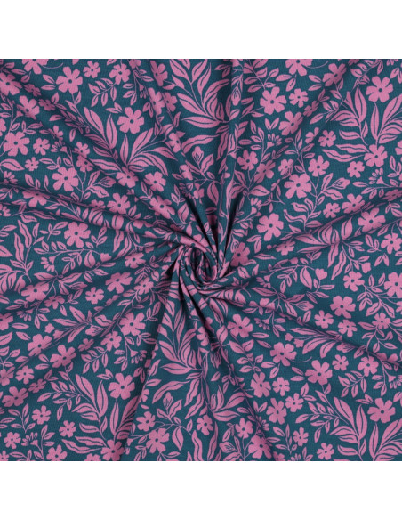 Tecido jersey flores - Rosa sobre fundo azul petróleo