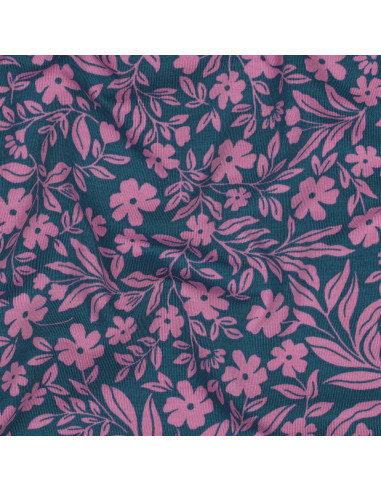 Tecido jersey flores - Rosa sobre fundo azul petróleo