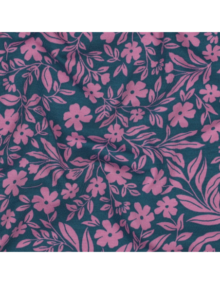 Tecido jersey flores - Rosa sobre fundo azul petróleo