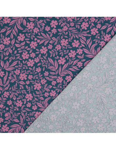 Tecido jersey flores - Rosa sobre fundo azul petróleo