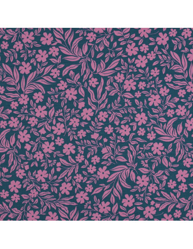 Tecido jersey flores - Rosa sobre fundo azul petróleo