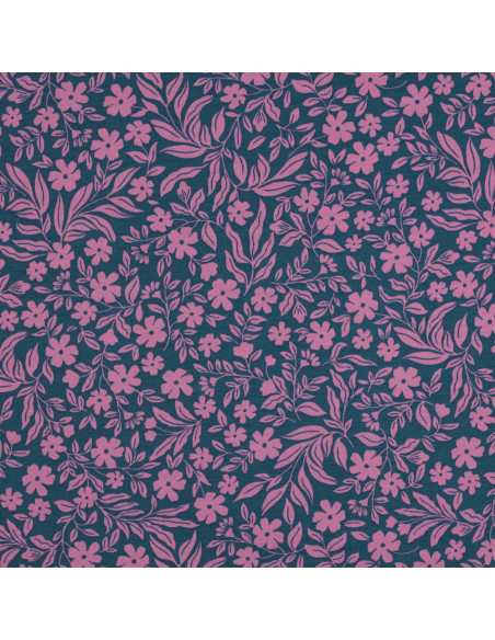 Tecido jersey flores - Rosa sobre fundo azul petróleo