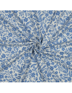Tecido jersey flores - Azul sobre fundo branco