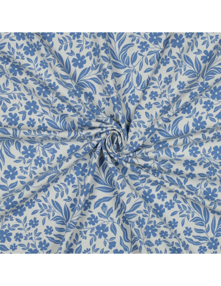 Tecido jersey flores - Azul sobre fundo branco