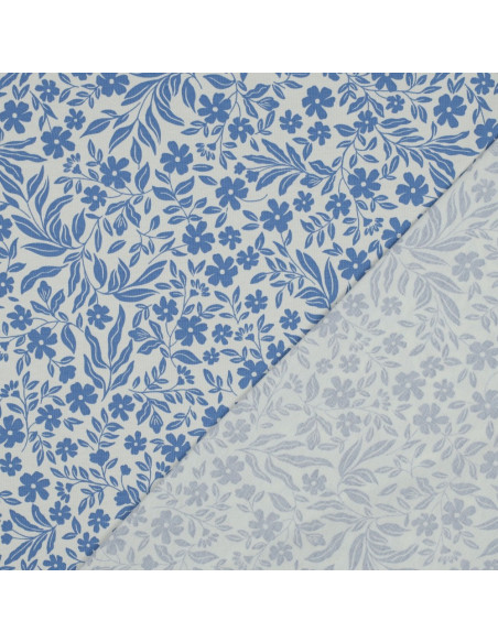 Tecido jersey flores - Azul sobre fundo branco