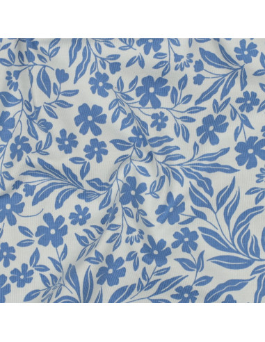 Tecido jersey flores - Azul sobre fundo branco