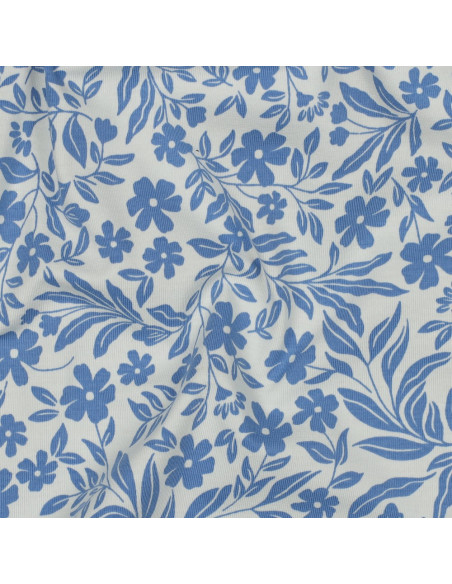 Tecido jersey flores - Azul sobre fundo branco