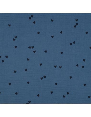 Tecido gaze dupla estampado - Coração preto sobre fundo azul