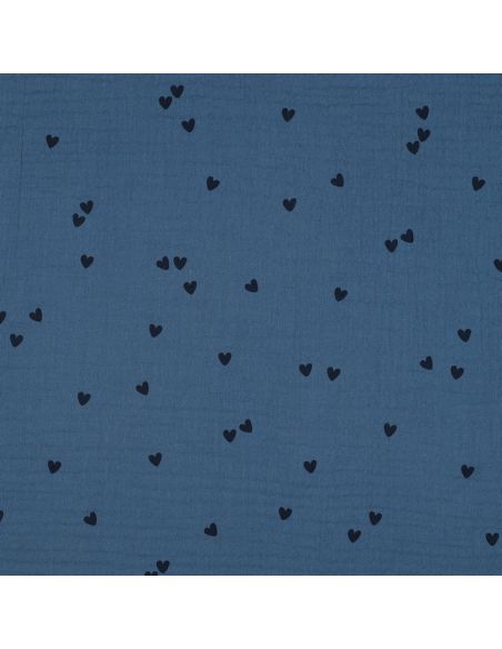 Tecido gaze dupla estampado - Coração preto sobre fundo azul