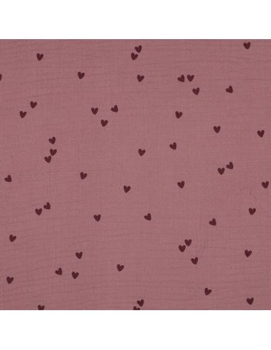 Tecido gaze dupla estampado - Corações rosa sobre fundo rosa velho escuro