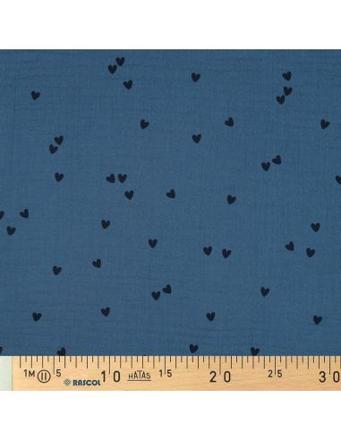 Tecido gaze dupla estampado - Coração preto sobre fundo azul
