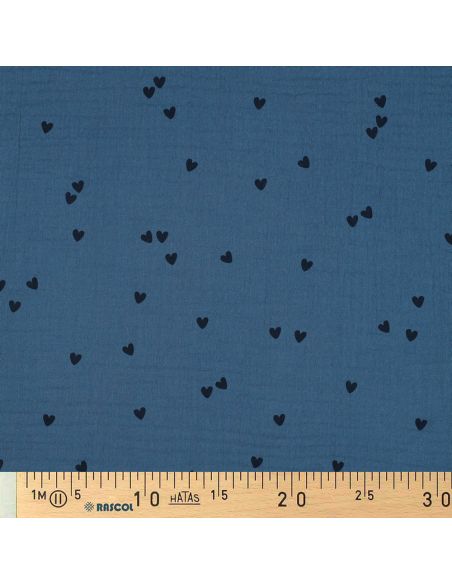 Tecido gaze dupla estampado - Coração preto sobre fundo azul