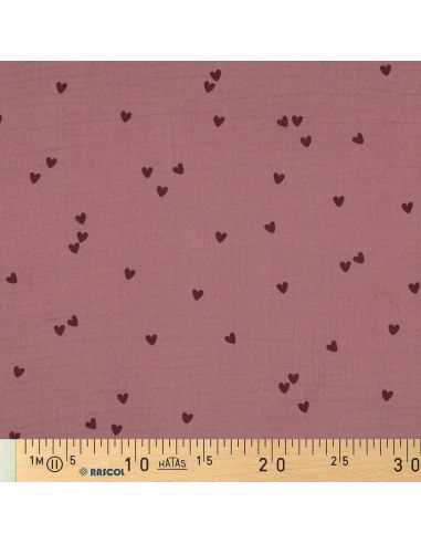 Tecido gaze dupla estampado - Corações rosa sobre fundo rosa velho escuro