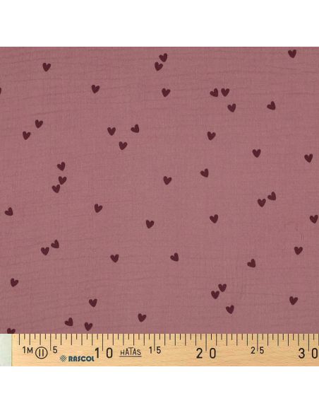 Tecido gaze dupla estampado - Corações rosa sobre fundo rosa velho escuro