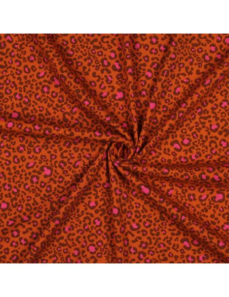 Tecido jersey de algodão malha canelada - Leopardo laranja