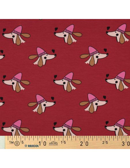 Tecido moletom felpudo cão e corações - Vermelho