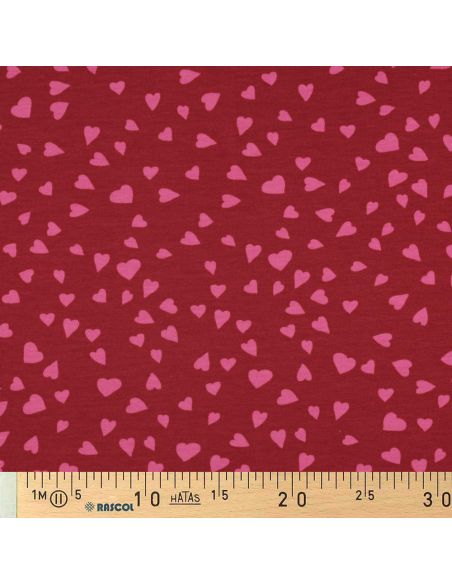 Tecido moletom vermelho - Corações rosa