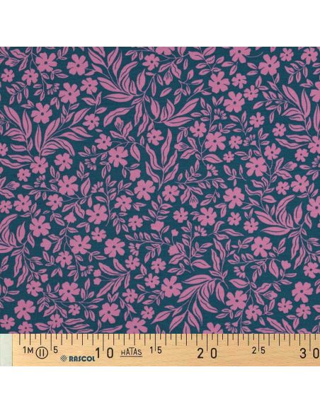 Tecido jersey flores - Rosa sobre fundo azul petróleo