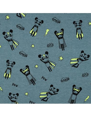 Tecido jersey mesclado - Super-heróis amarelos em fundo azul