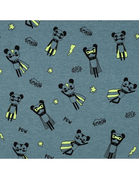 Tecido jersey mesclado - Super-heróis amarelos em fundo azul