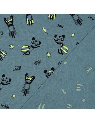 Tecido jersey mesclado - Super-heróis amarelos em fundo azul