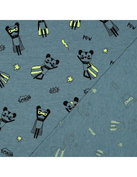 Tecido jersey mesclado - Super-heróis amarelos em fundo azul