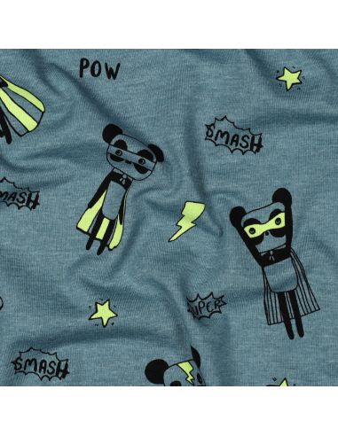 Tecido jersey mesclado - Super-heróis amarelos em fundo azul