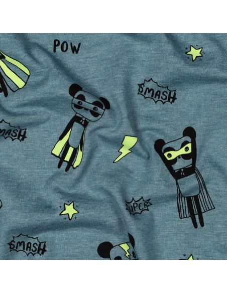 Tecido jersey mesclado - Super-heróis amarelos em fundo azul